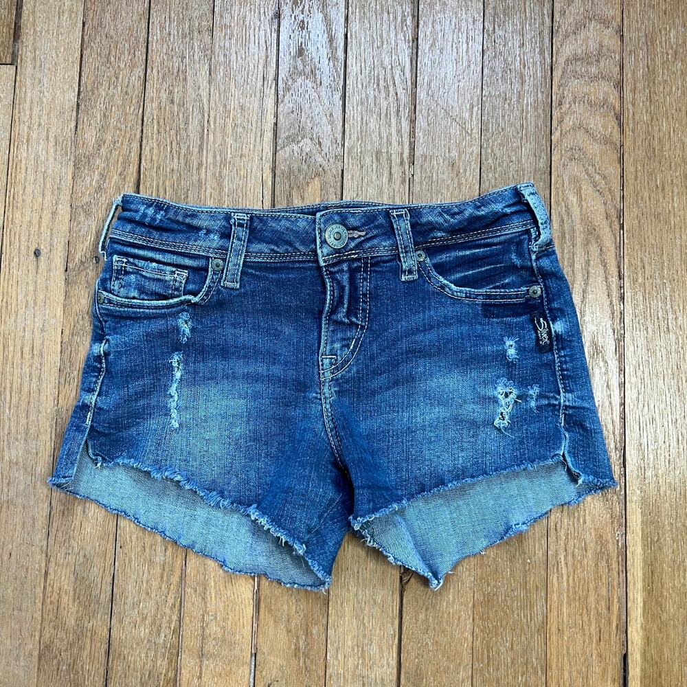 Silver Jeans Co Berkley Distressed Denim Cutoff Shorts Blue Stretch Women's 26